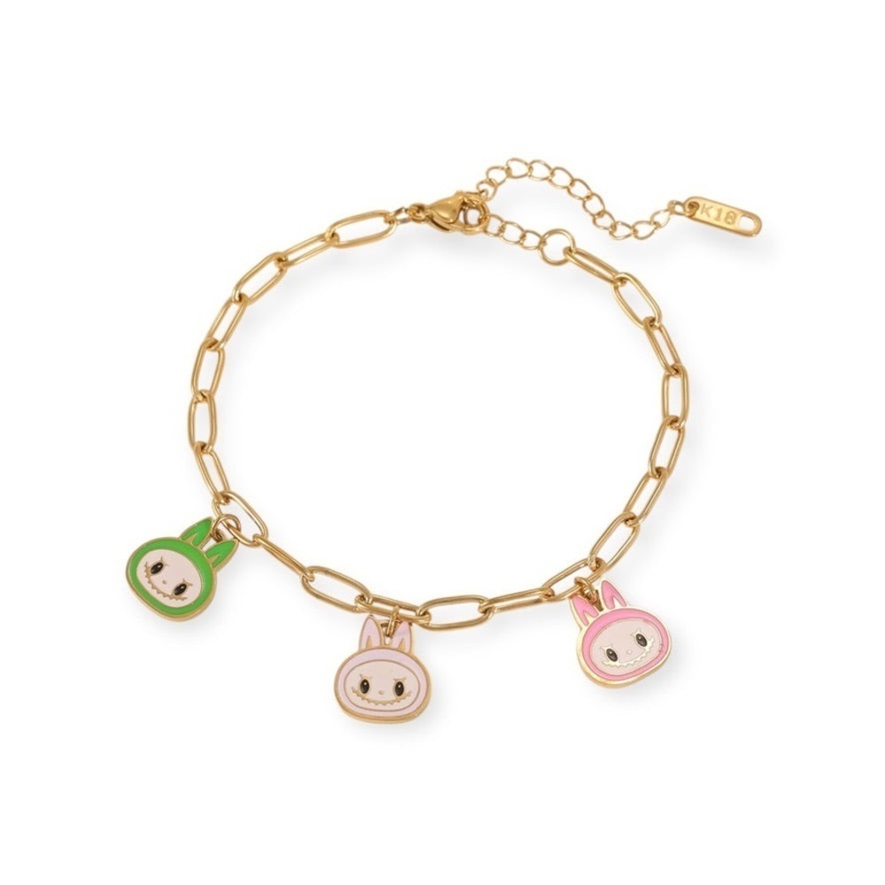 Labubu Inspired 14K Gold  Theme Heads Paper Clip Link Charm Bracelet No Fade